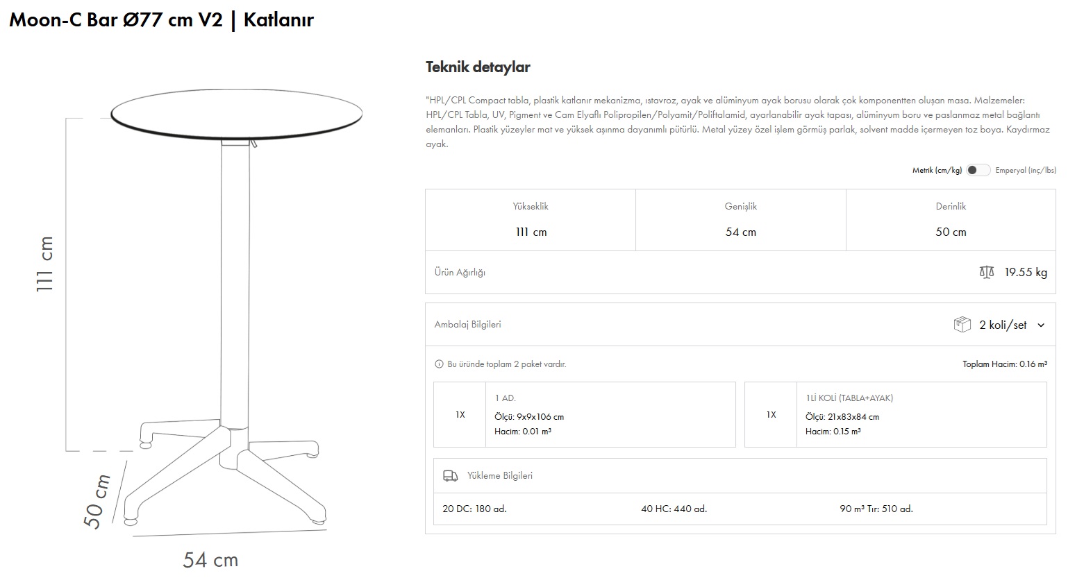 Moon-C Bar Masa Ø77 V2 Katlanır